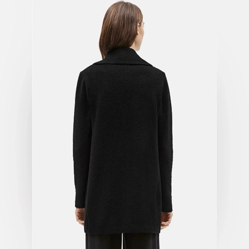 Eileen Fisher Cotton Tencel St Basket Shawl Black Open Front Cardigan Jacket - Picture 2 of 6